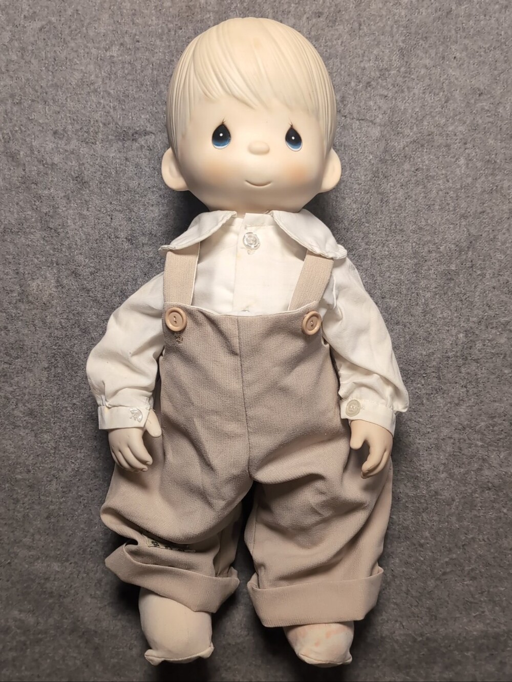 Vintage Precious Moments Boy Porcelain Head Doll Overalls 16 Inch Cottagecore